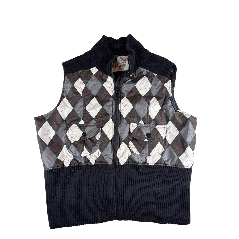 Vintage Deb Harlequin Argyle Puffer Vest Plus Size 3X Black Grey Y2K Zip Up
